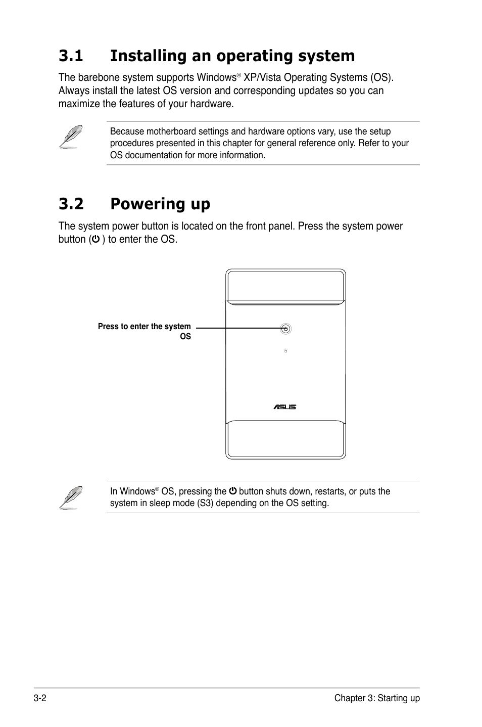 1 installing an operating system, 2 powering up | Asus T3-P5945GCX2 User Manual | Page 36 / 80