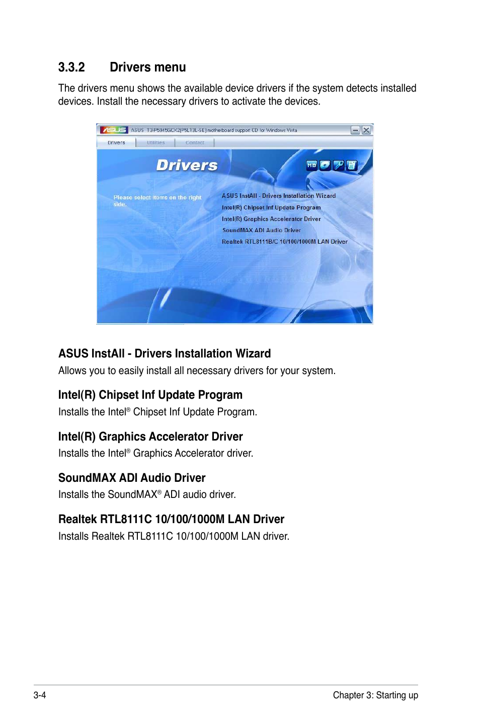 2 drivers menu | Asus T3-P5945GCX2 User Manual | Page 38 / 80