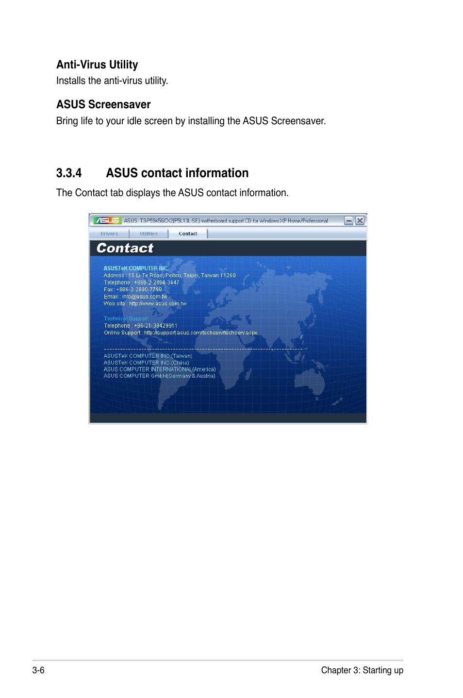 4 asus contact information | Asus T3-P5945GCX2 User Manual | Page 40 / 80