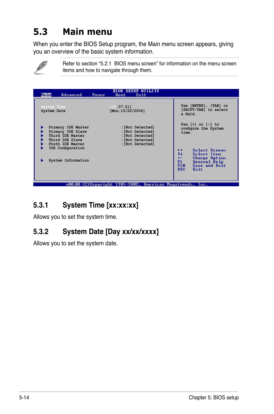 3 main menu, 1 system time [xx:xx:xx, Allows you to set the system time | Allows you to set the system date | Asus T3-P5945GCX2 User Manual | Page 62 / 80