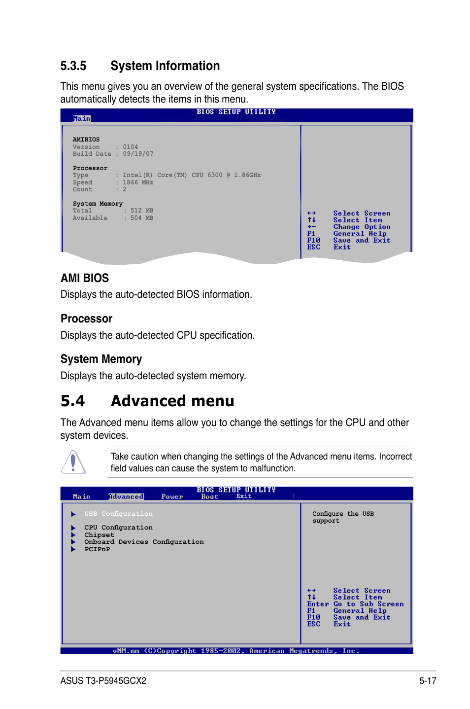 4 advanced menu, 5 system information, Ami bios | Processor | Asus T3-P5945GCX2 User Manual | Page 65 / 80