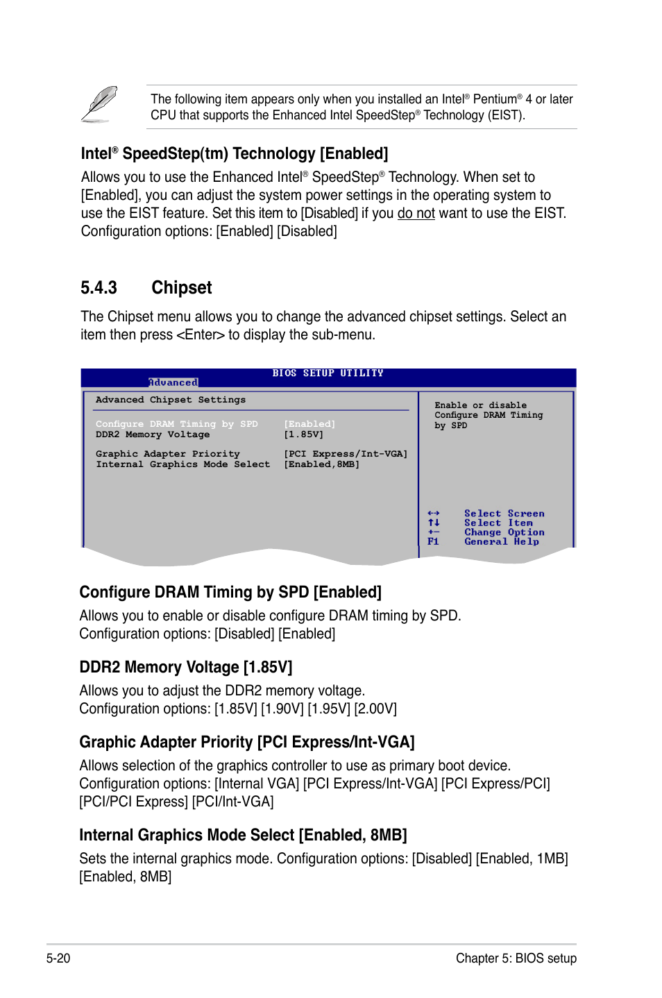 3 chipset, Configure dram timing by spd [enabled, Graphic adapter priority [pci express/int-vga | Internal graphics mode select [enabled, 8mb, Intel, Speedstep(tm) technology [enabled | Asus T3-P5945GCX2 User Manual | Page 68 / 80