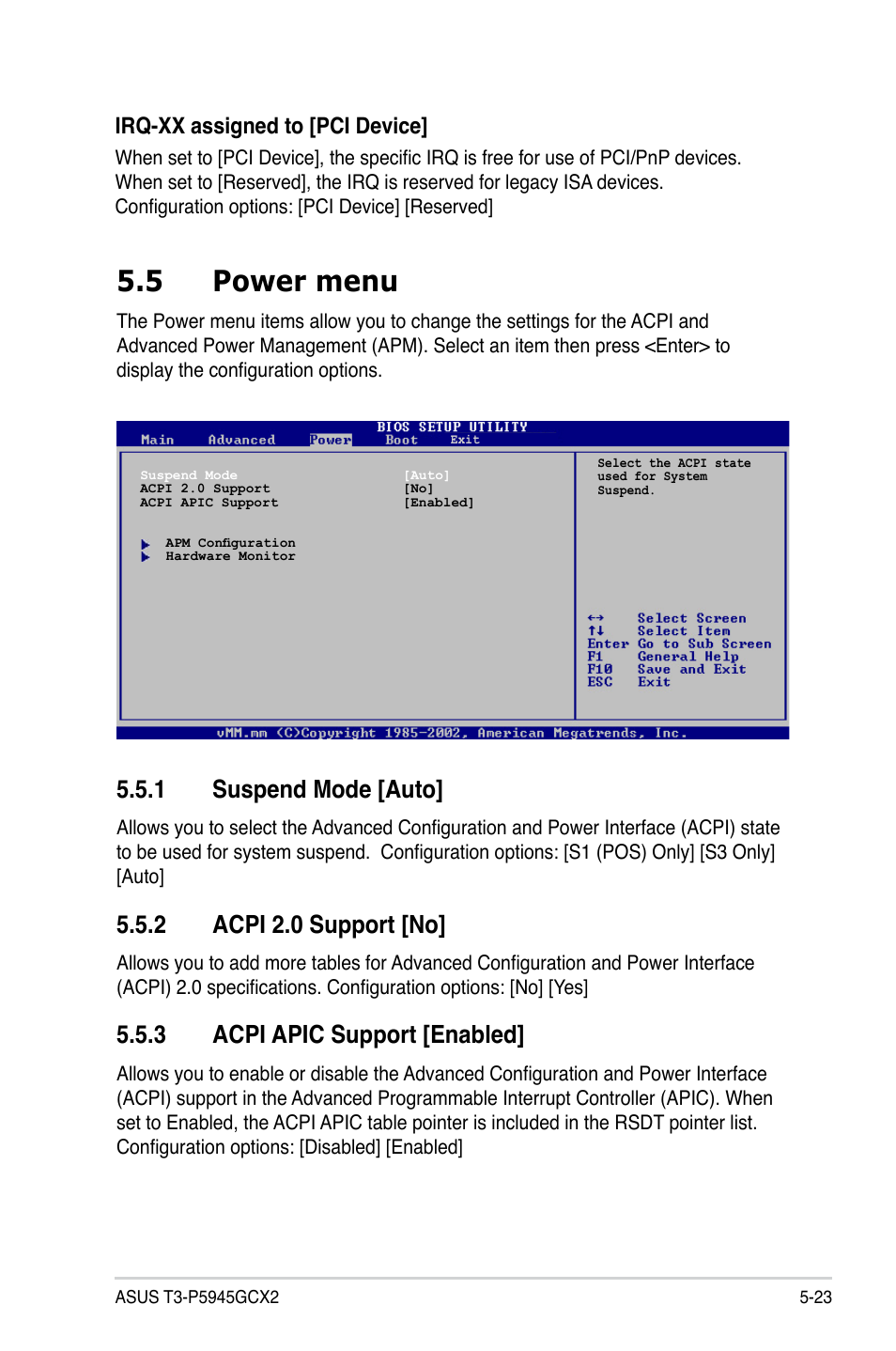 5 power menu, 1 suspend mode [auto, 2 acpi 2.0 support [no | 3 acpi apic support [enabled, Irq-xx assigned to [pci device | Asus T3-P5945GCX2 User Manual | Page 71 / 80