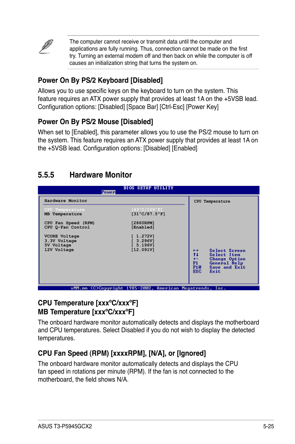 5 hardware monitor, Power on by ps/2 keyboard [disabled, Power on by ps/2 mouse [disabled | Asus T3-P5945GCX2 User Manual | Page 73 / 80