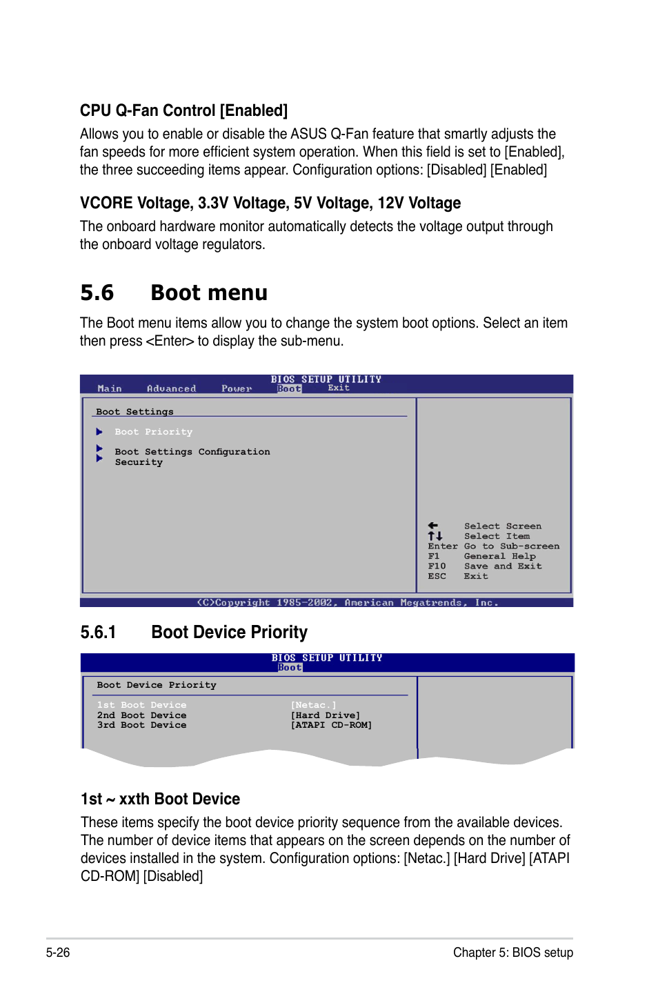 6 boot menu, 1 boot device priority, Cpu q-fan control [enabled | 1st ~ xxth boot device | Asus T3-P5945GCX2 User Manual | Page 74 / 80