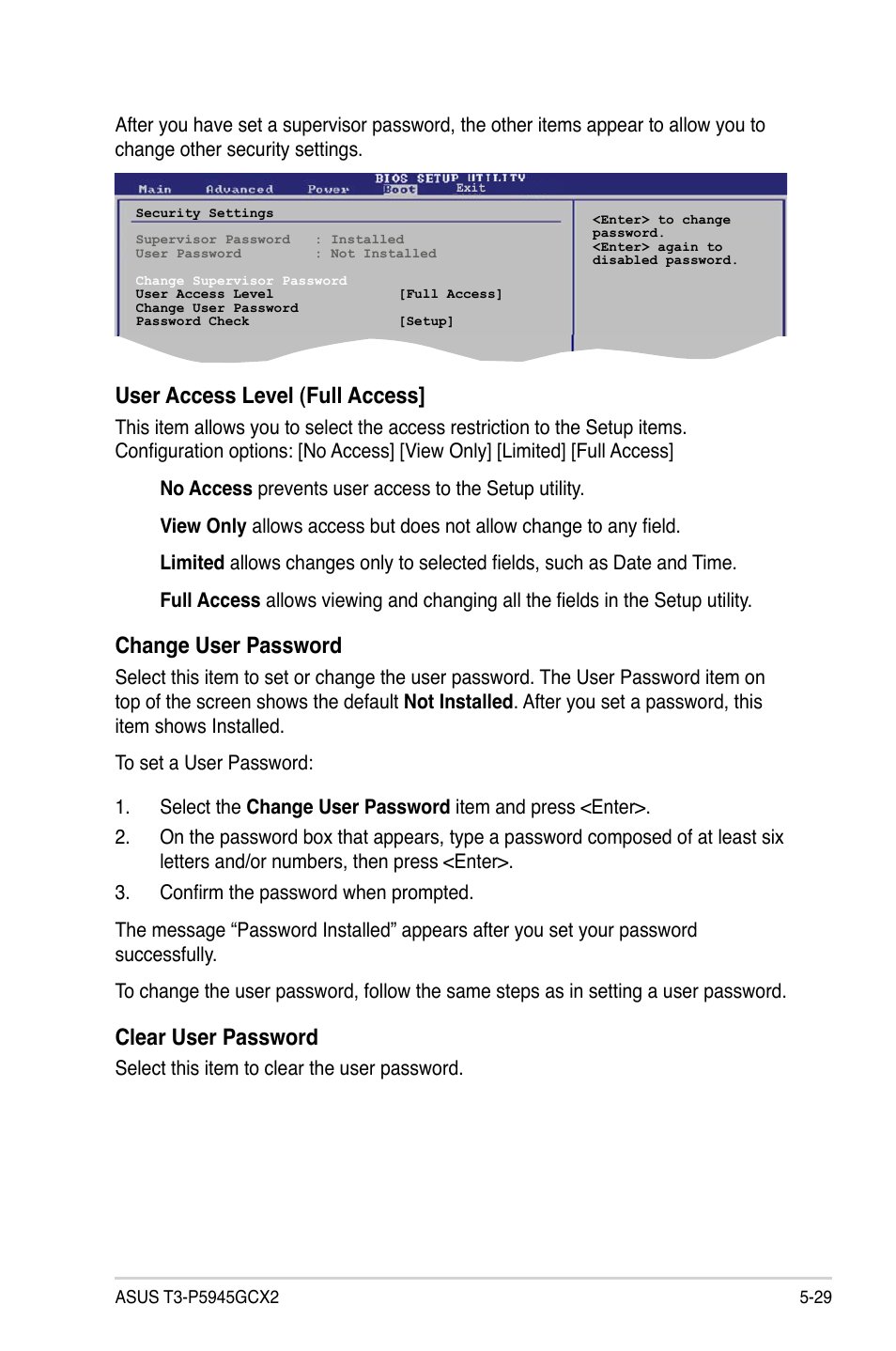 User access level (full access, Change user password, Clear user password | Asus T3-P5945GCX2 User Manual | Page 77 / 80