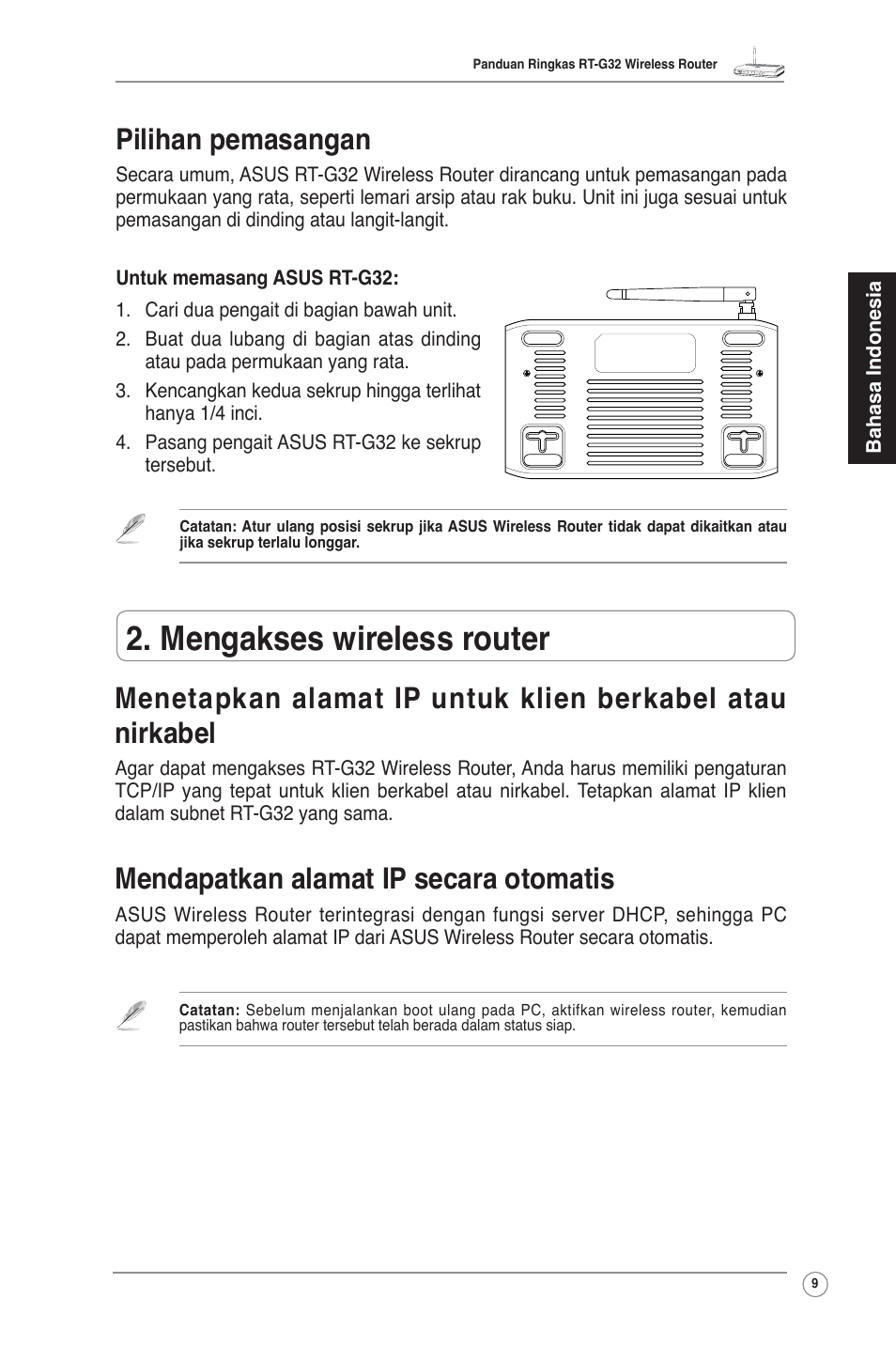 Mengakses wireless router, Mendapatkan alamat ip secara otomatis, Pilihan pemasangan | Asus RT-G32 User Manual | Page 17 / 51