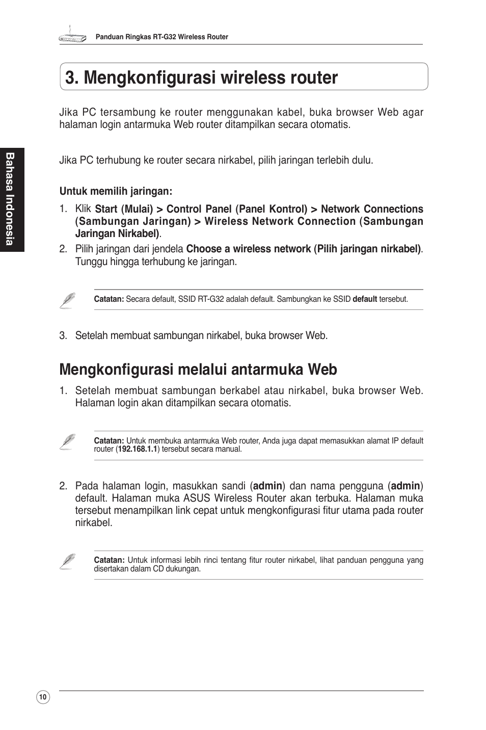 Mengkonfigurasi wireless router, Mengkonfigurasi melalui antarmuka web | Asus RT-G32 User Manual | Page 18 / 51