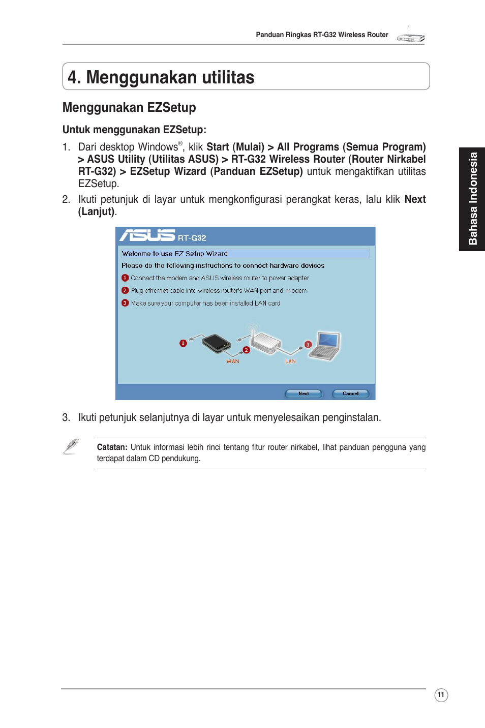 Menggunakan utilitas, Menggunakan ezsetup | Asus RT-G32 User Manual | Page 19 / 51