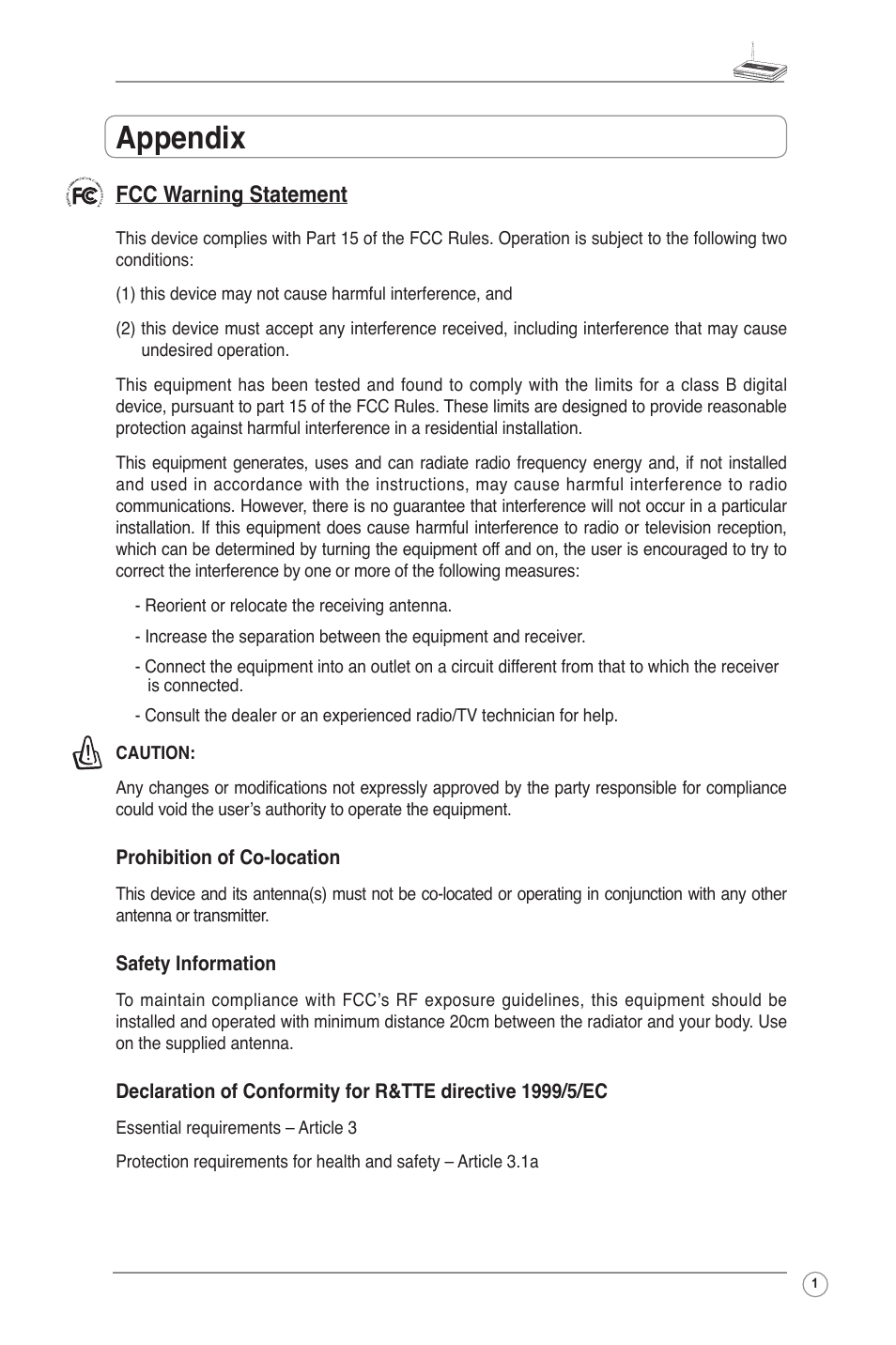 Appendix, Fcc warning statement | Asus RT-G32 User Manual | Page 2 / 51