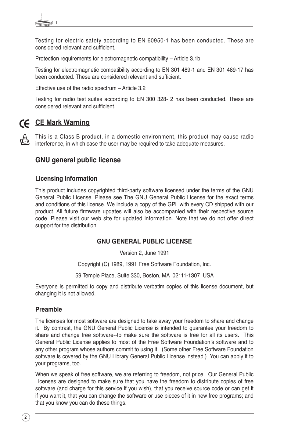 Ce mark warning, Gnu general public license | Asus RT-G32 User Manual | Page 3 / 51