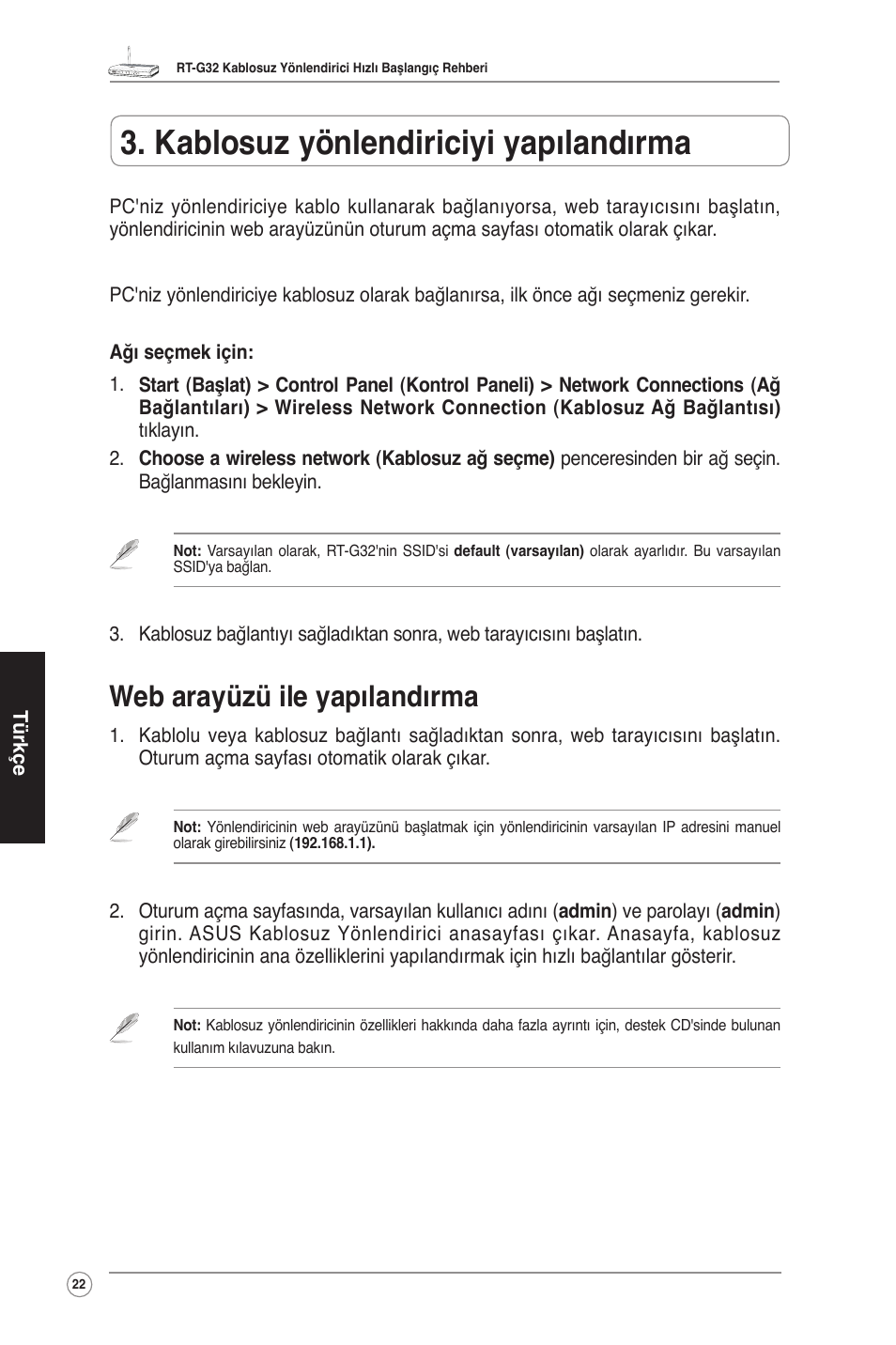 Kablosuz yönlendiriciyi yapılandırma, Web arayüzü ile yapılandırma | Asus RT-G32 User Manual | Page 30 / 51