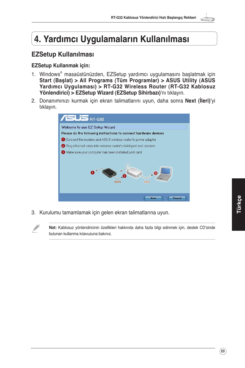 Yardımcı uygulamaların kullanılması, Ezsetup kullanılması | Asus RT-G32 User Manual | Page 31 / 51
