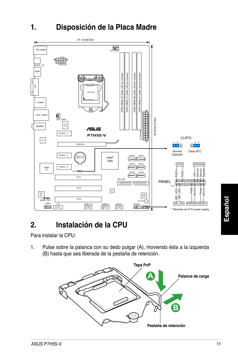 Español, Asus p7h55-v, Palanca de carga pestaña de retención tapa pnp | Panel | Asus P7H55-V User Manual | Page 11 / 42