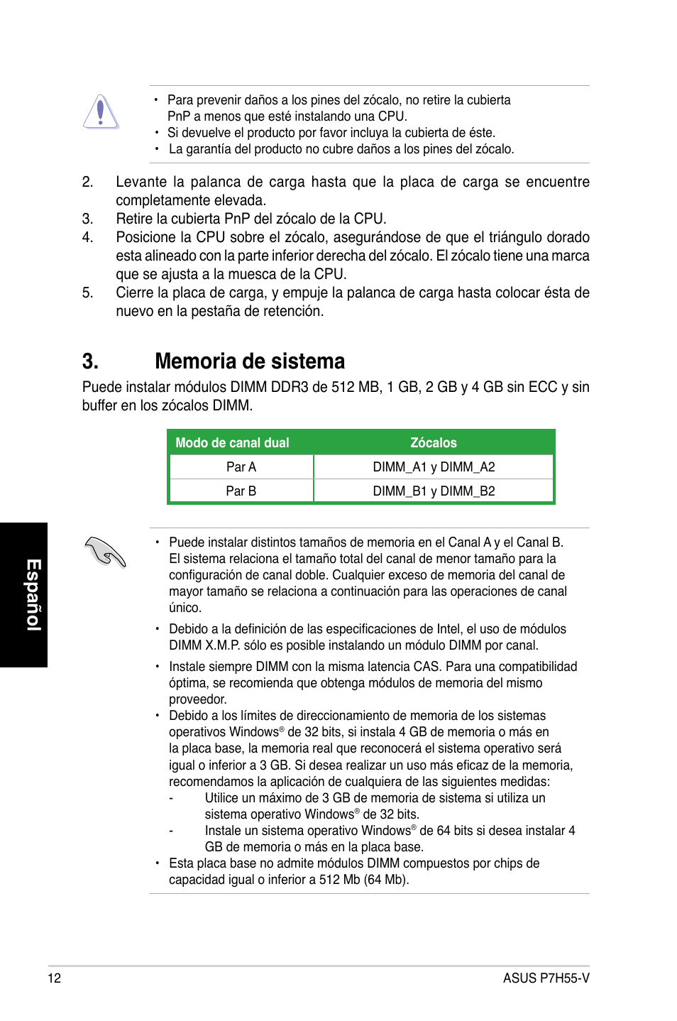 Español | Asus P7H55-V User Manual | Page 12 / 42