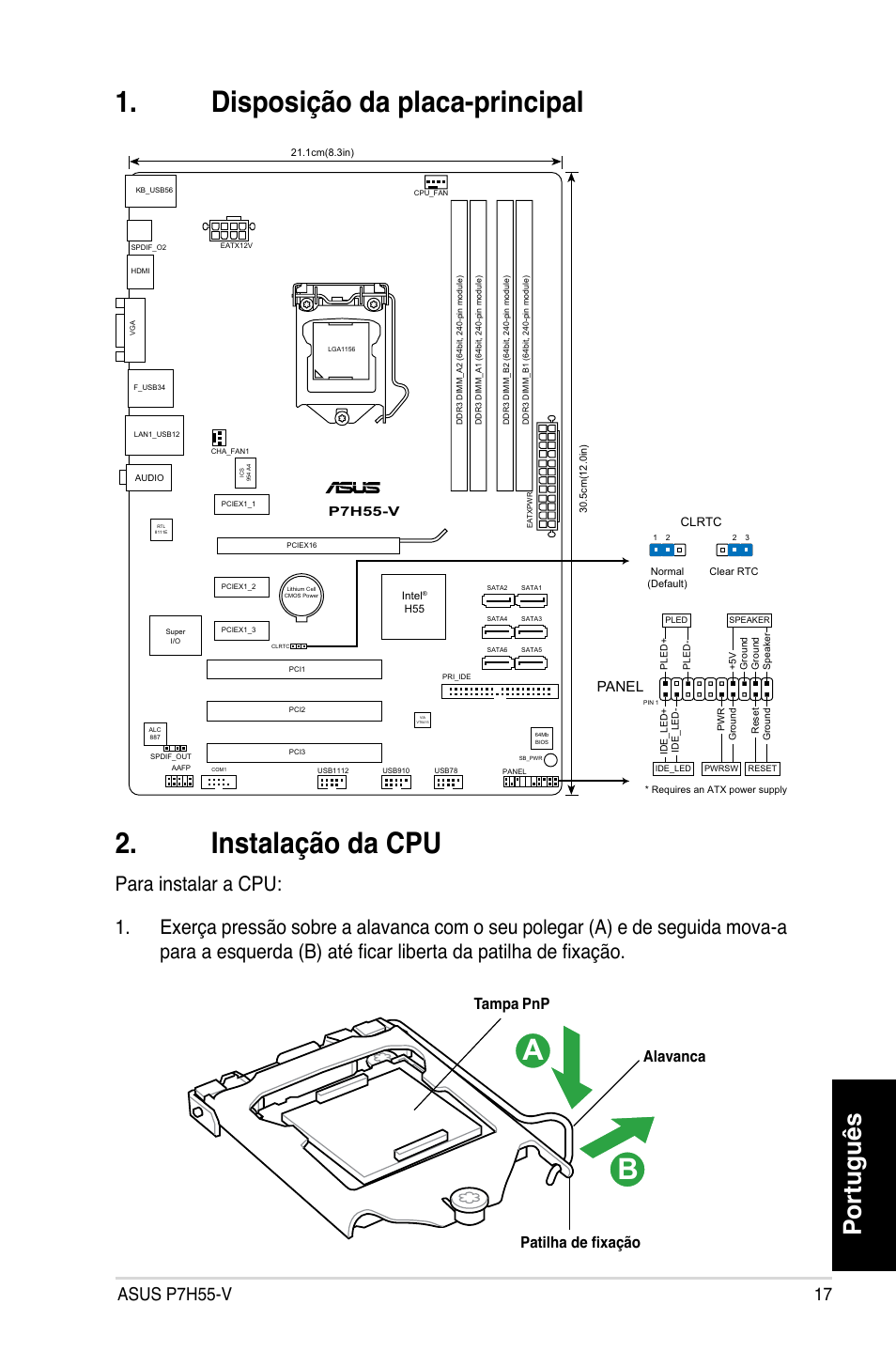 Disposição da placa-principal 2. instalação da cpu, Português, Asus p7h55-v | Alavanca patilha de fixação tampa pnp, Panel | Asus P7H55-V User Manual | Page 17 / 42