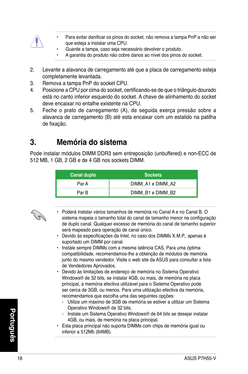 Memória do sistema, Português | Asus P7H55-V User Manual | Page 18 / 42