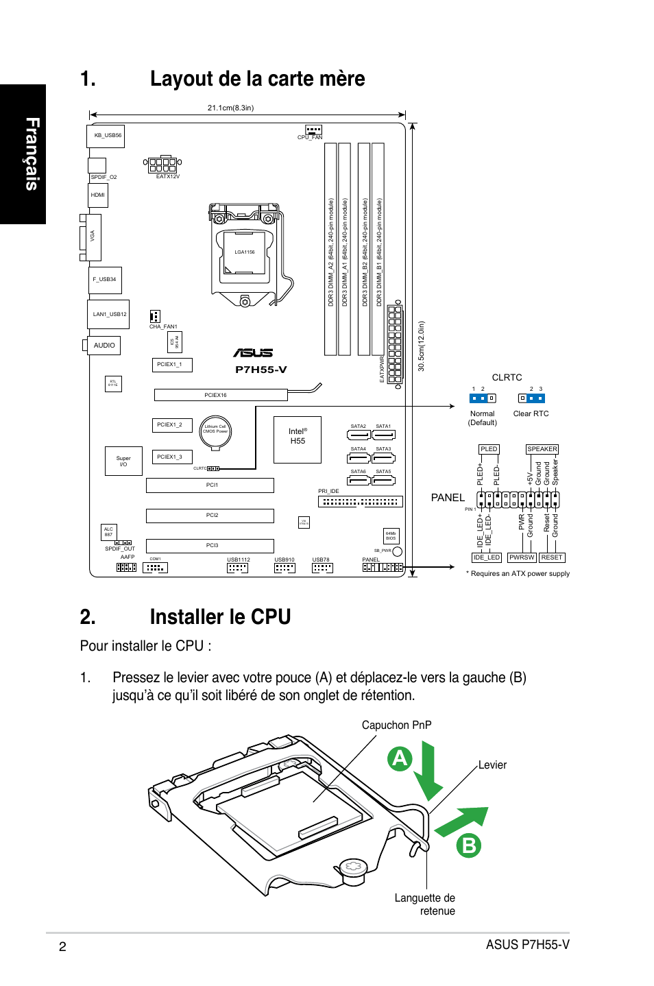 Installer le cpu, Layout de la carte mère, Français | Asus p7h55-v, Languette de retenue levier capuchon pnp, Panel | Asus P7H55-V User Manual | Page 2 / 42