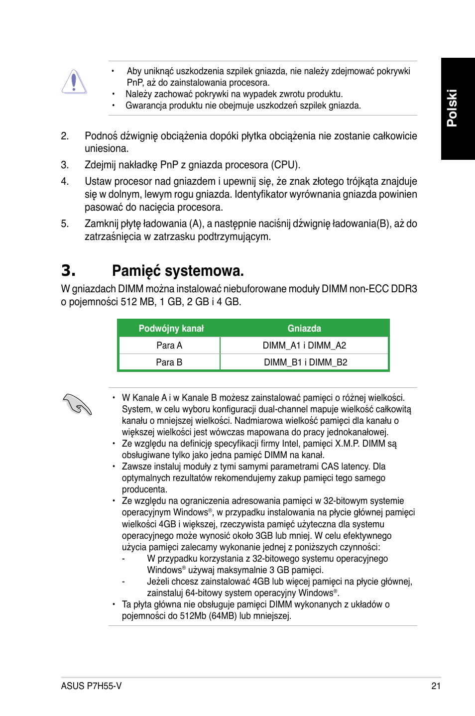 Pamięć systemowa, Polski | Asus P7H55-V User Manual | Page 21 / 42