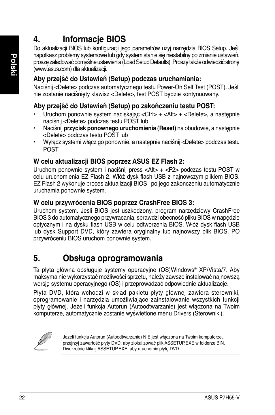 Informacje bios, Obsługa oprogramowania, Polski | Asus P7H55-V User Manual | Page 22 / 42