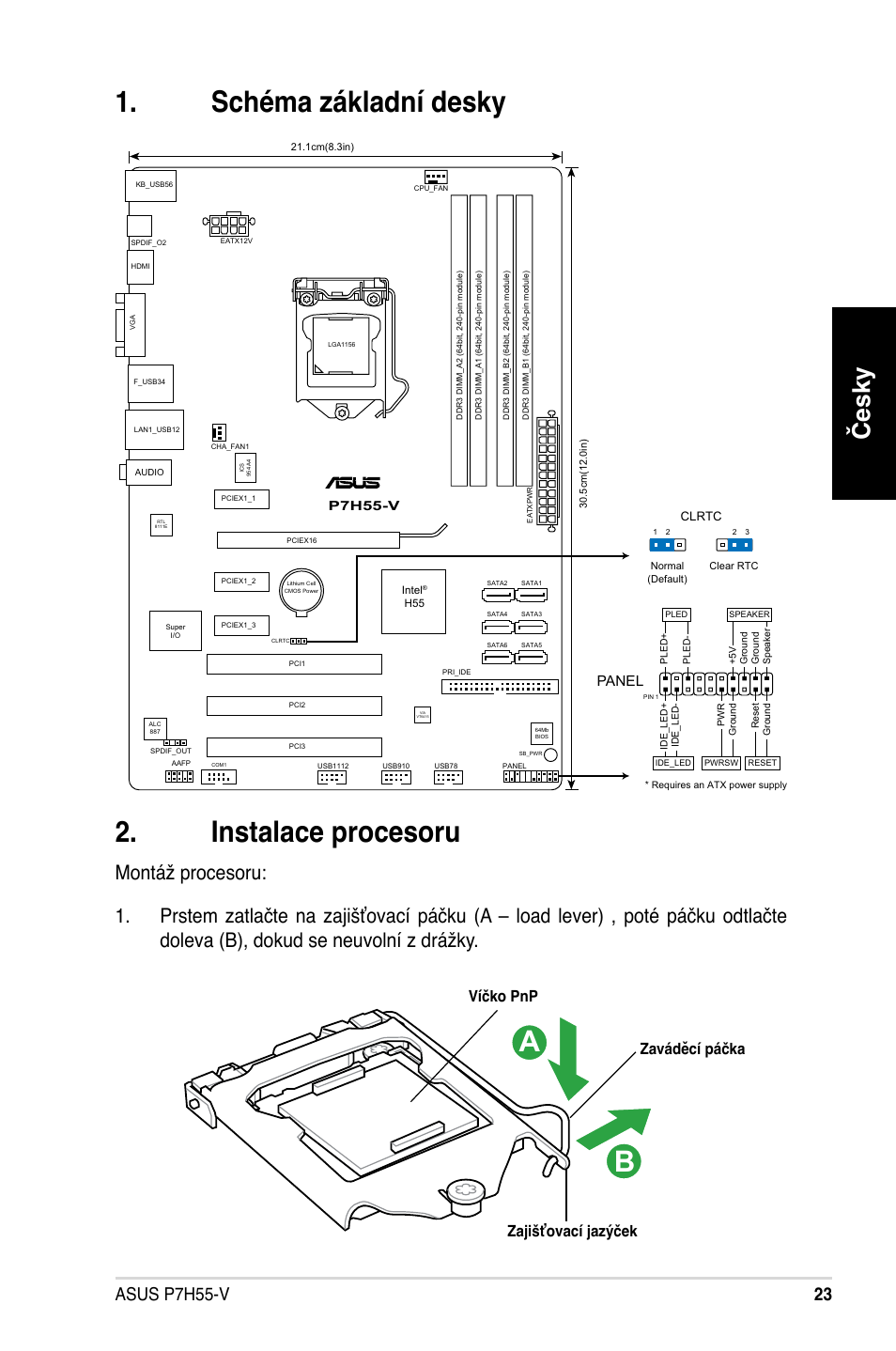 Schéma základní desky 2. instalace procesoru, Česky, Asus p7h55-v | Zaváděcí páčka zajišťovací jazýček víčko pnp, Panel | Asus P7H55-V User Manual | Page 23 / 42