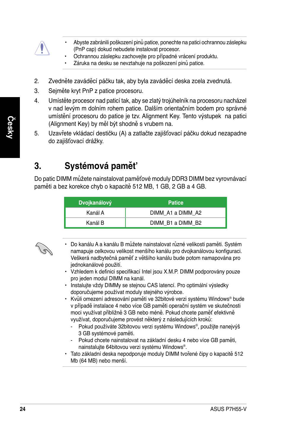 Systémová pamět, Česky | Asus P7H55-V User Manual | Page 24 / 42