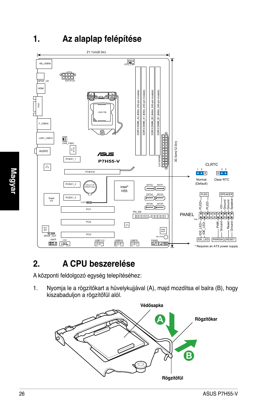 Az alaplap felépítése 2. a cpu beszerelése, Magyar, Asus p7h55-v | Rögzítőkar rögzítőfül védősapka, Panel | Asus P7H55-V User Manual | Page 26 / 42