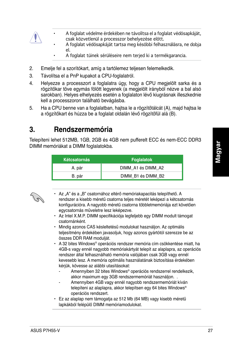 Rendszermemória, Magyar | Asus P7H55-V User Manual | Page 27 / 42