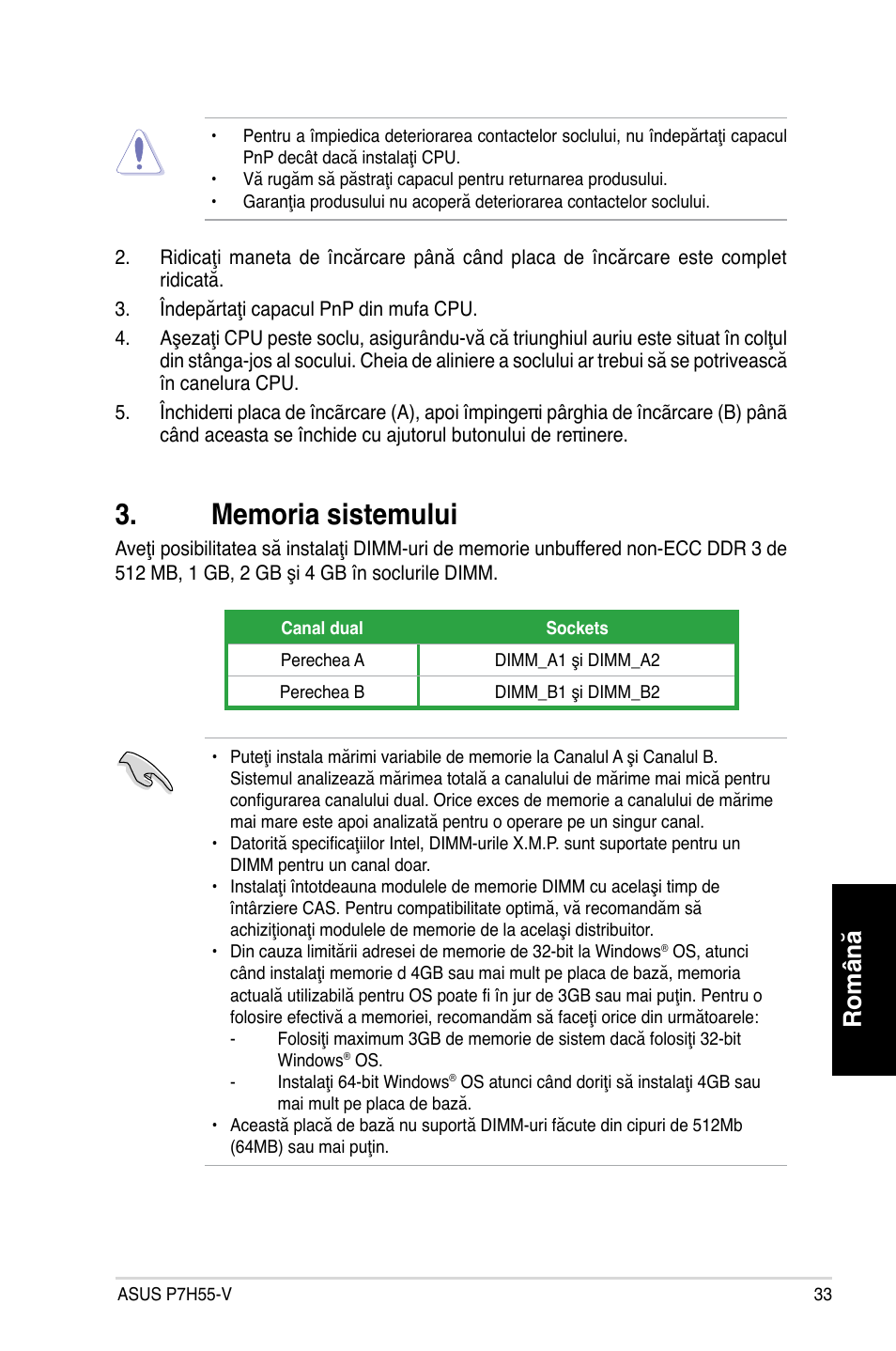 Română | Asus P7H55-V User Manual | Page 33 / 42