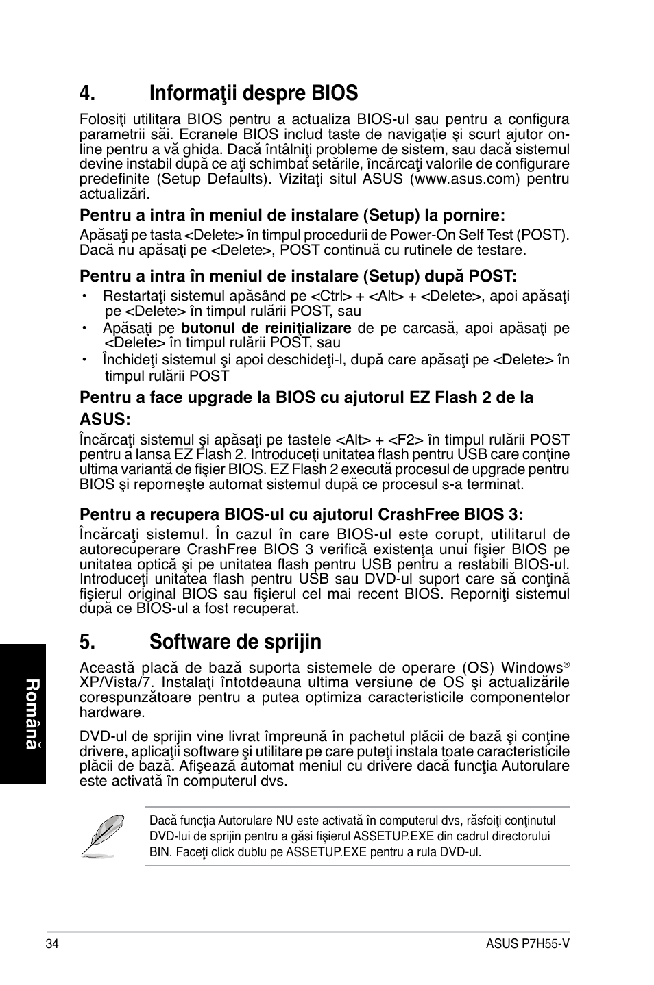 Informaţii despre bios, Software de sprijin, Română | Asus P7H55-V User Manual | Page 34 / 42