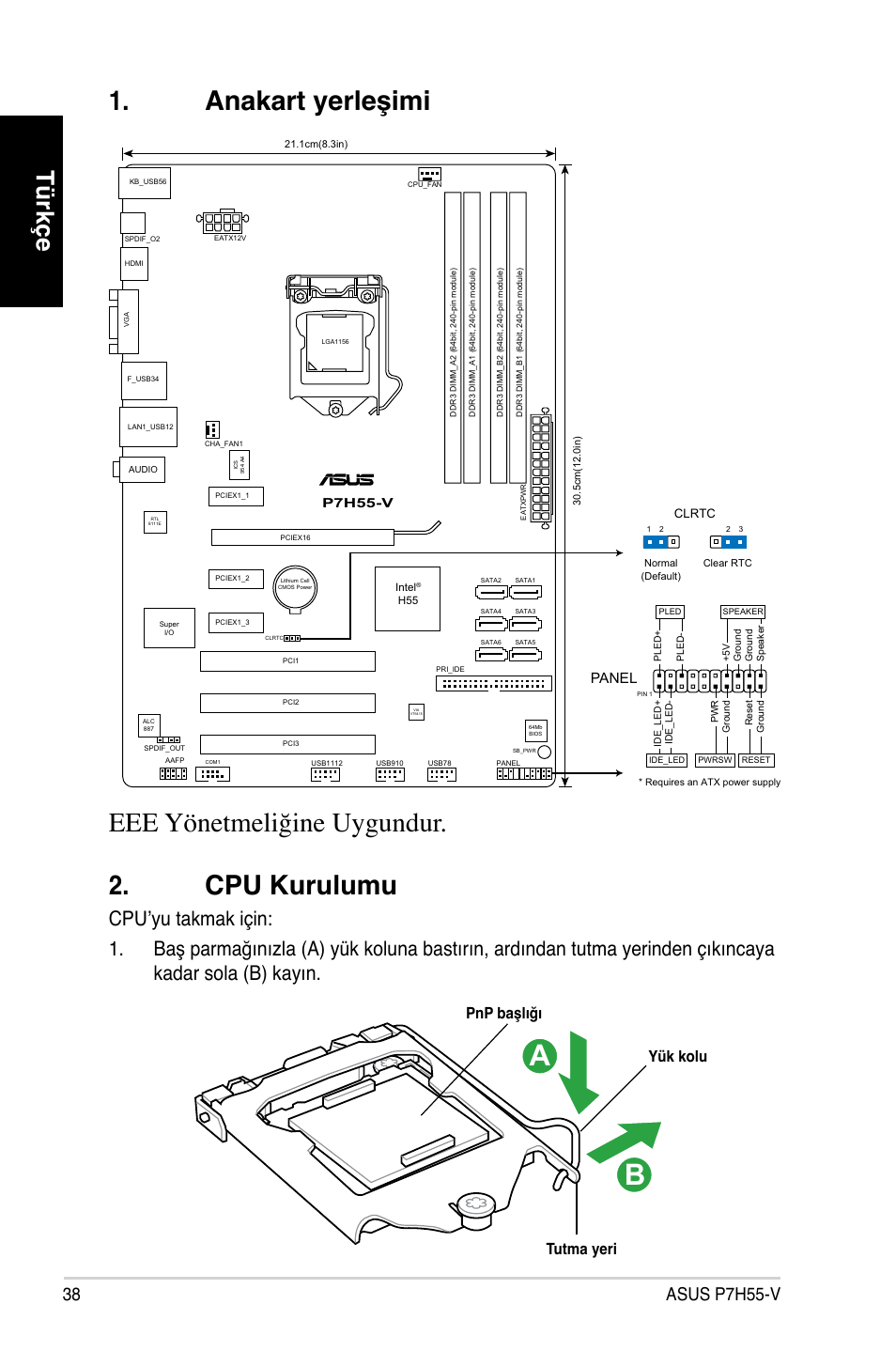 Anakart yerleşimi 2. cpu kurulumu, Eee yönetmeliğine uygundur, Türkçe | Asus p7h55-v, Tutma yeri yük kolu pnp başlığı, Panel | Asus P7H55-V User Manual | Page 38 / 42
