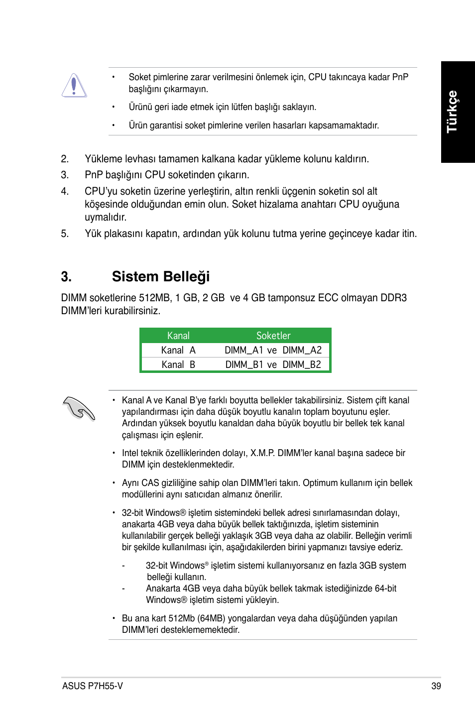 Sistem belleği, Türkçe | Asus P7H55-V User Manual | Page 39 / 42