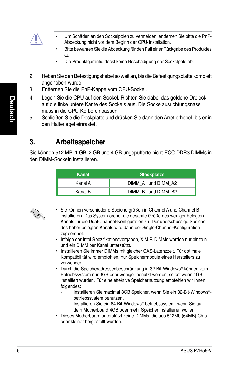 Arbeitsspeicher, Deutsch | Asus P7H55-V User Manual | Page 6 / 42
