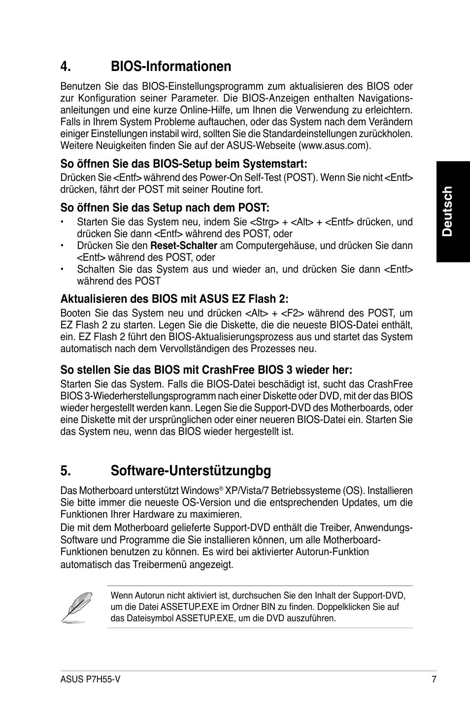 Bios-informationen, Software-unterstützungbg, Deutsch | Asus P7H55-V User Manual | Page 7 / 42
