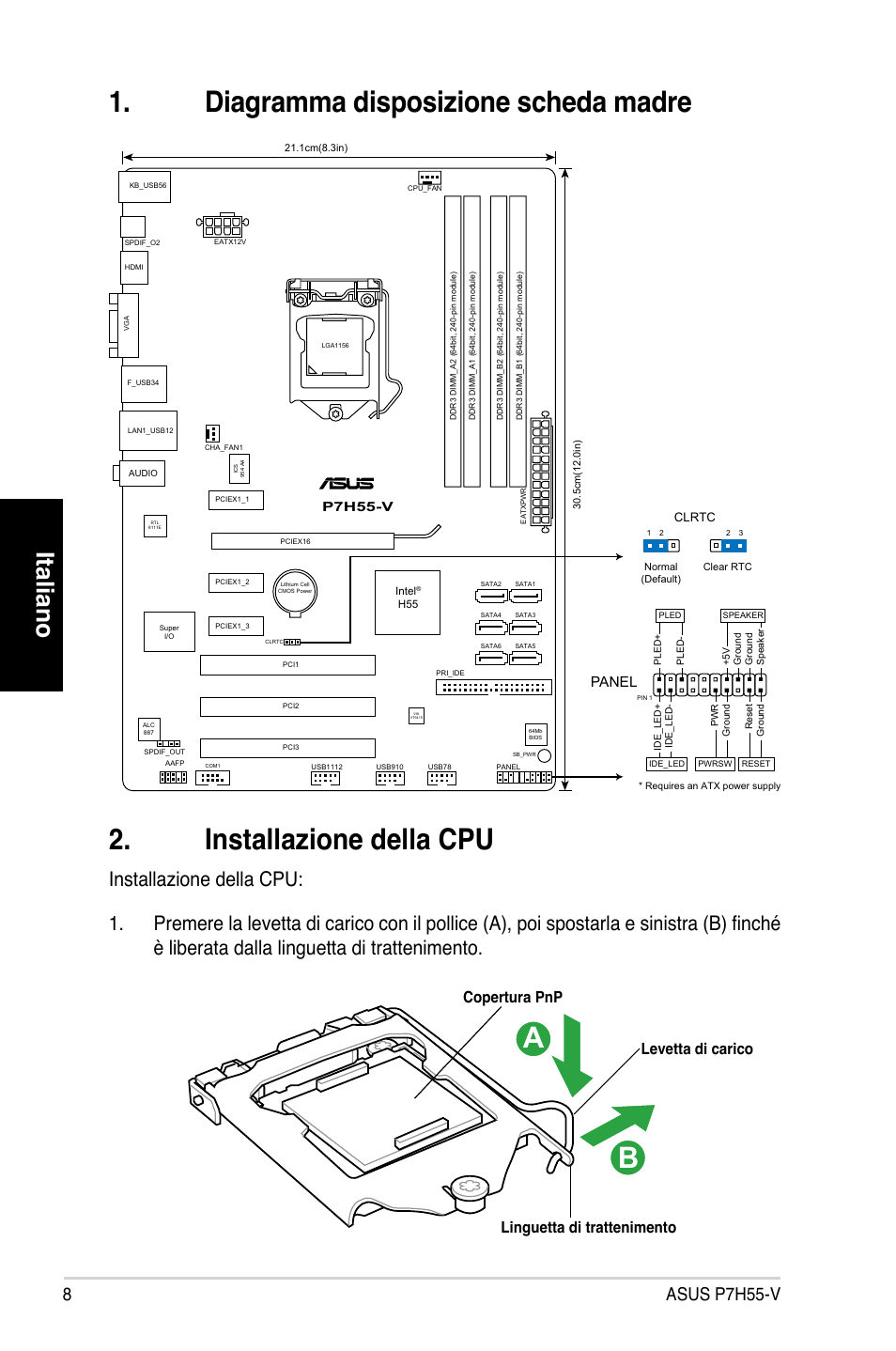 Italiano, Asus p7h55-v, Panel | Asus P7H55-V User Manual | Page 8 / 42