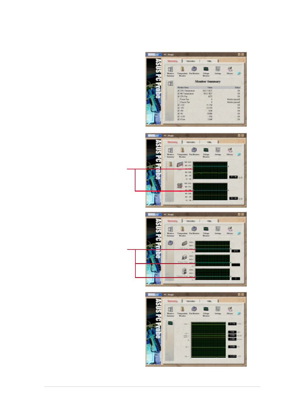 Using asus pc probe, Monitor summary, Temperature monitor | Fan monitor | Asus P4B533-E User Manual | Page 125 / 148