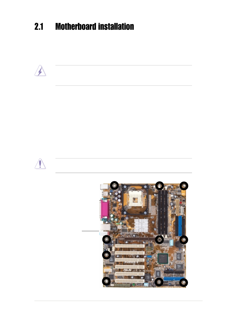 1 motherboard installation, 1 placement direction, 2 screw holes | Asus P4B533-E User Manual | Page 29 / 148