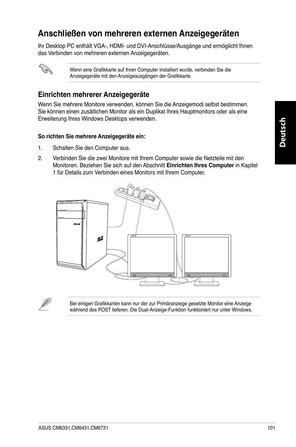 Anschließen von mehreren externen anzeigegeräten, Anschließen.von.mehreren.externen.anzeigegeräten, Deutsch d eutsch | Asus CM6731 User Manual | Page 103 / 480