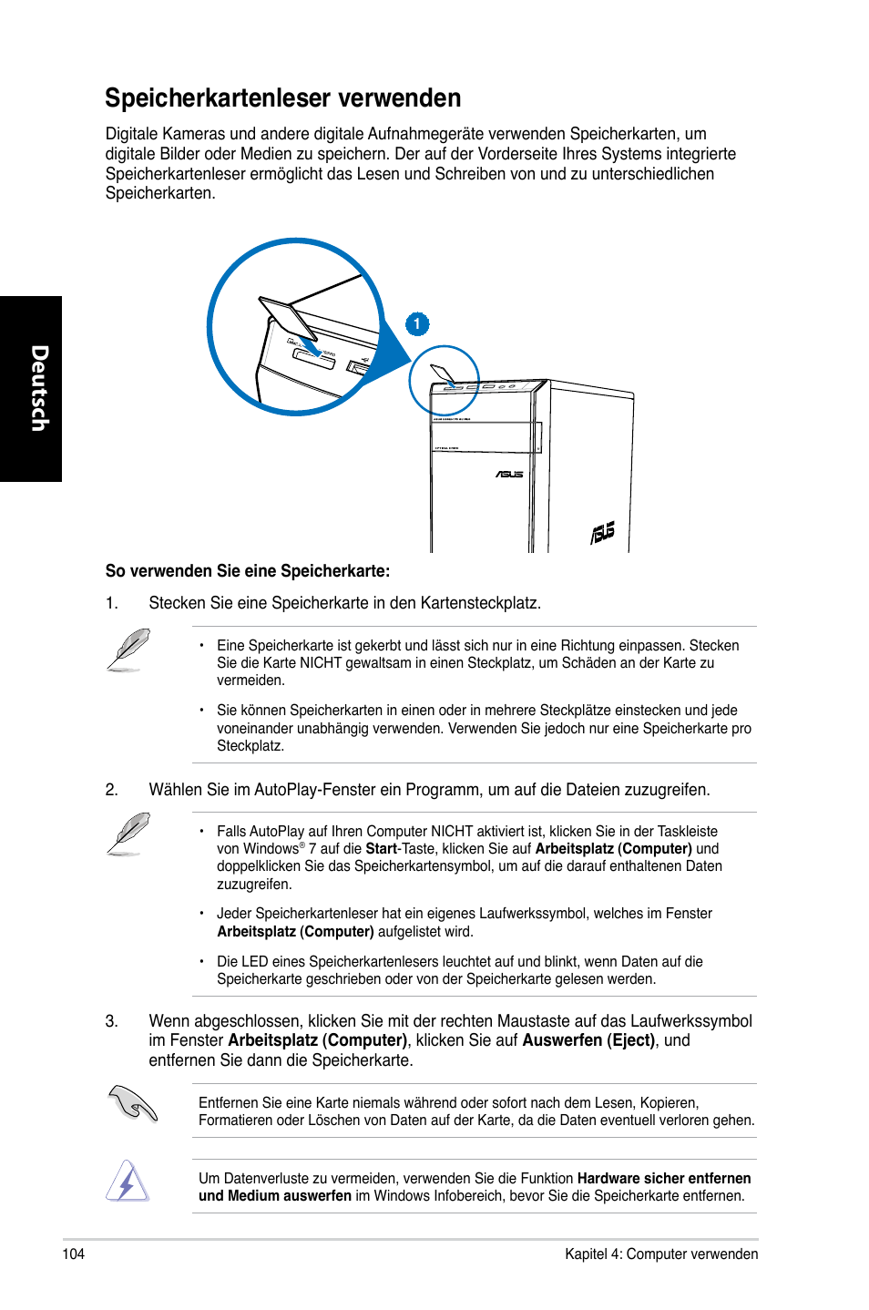 Speicherkartenleser verwenden, Speicherkartenleser.verwenden, Deutsch d eutsch d eutsch d eutsch | Asus CM6731 User Manual | Page 106 / 480