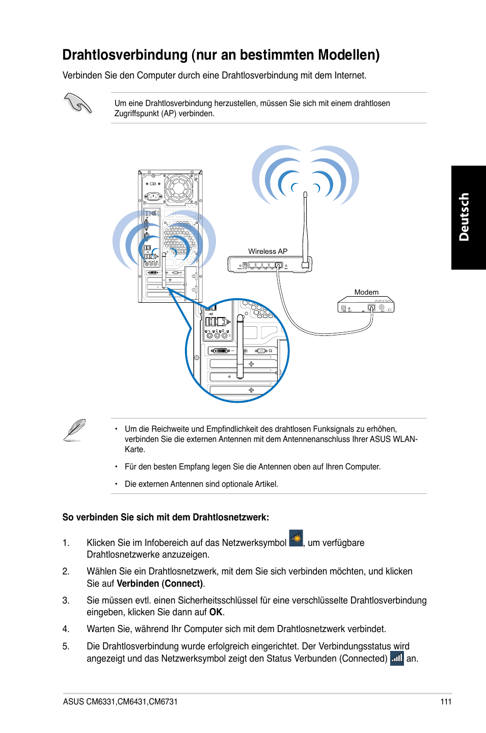 Drahtlosverbindung (nur an bestimmten modellen), Drahtlosverbindung.�nur.an.bestimmten.modellen, Deutsch d eutsch | Asus CM6731 User Manual | Page 113 / 480