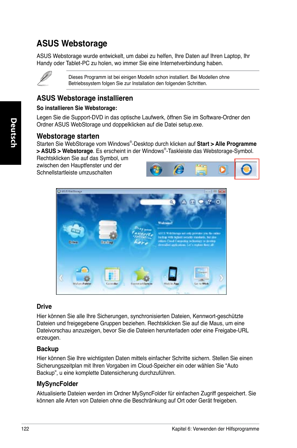 Asus webstorage, Asus.webstorage, Deutsch d eutsch d eutsch d eutsch | Asus.webstorage.installieren, Webstorage.starten | Asus CM6731 User Manual | Page 124 / 480