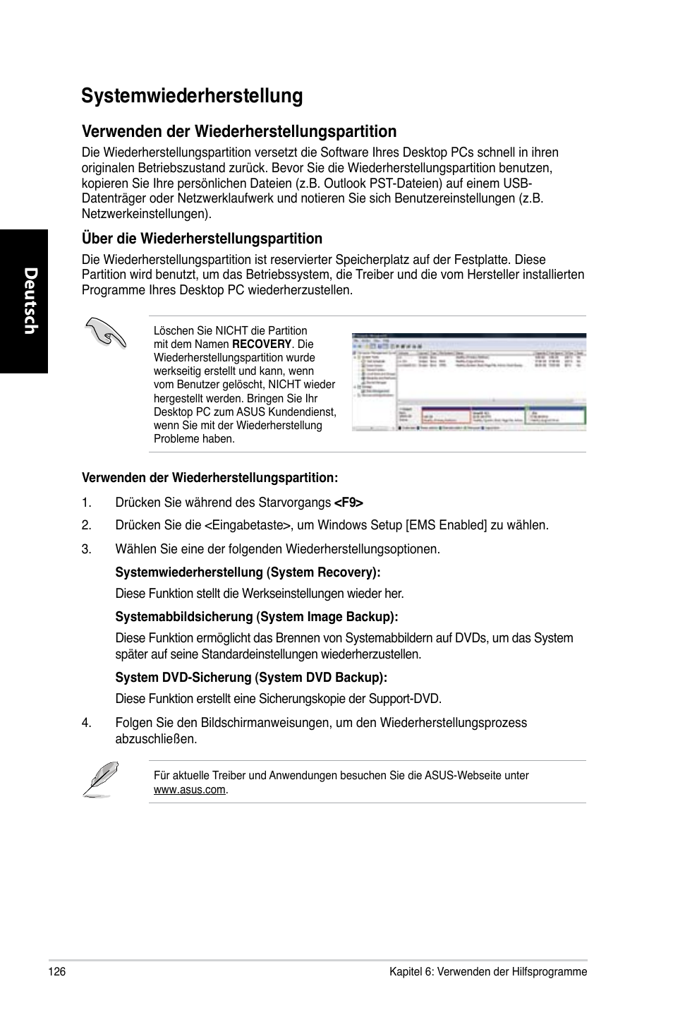 Systemwiederherstellung, Systemwiederherstellung 6, Deutsch d eutsch d eutsch d eutsch | Erwenden.der.wiederherstellungspartition | Asus CM6731 User Manual | Page 128 / 480