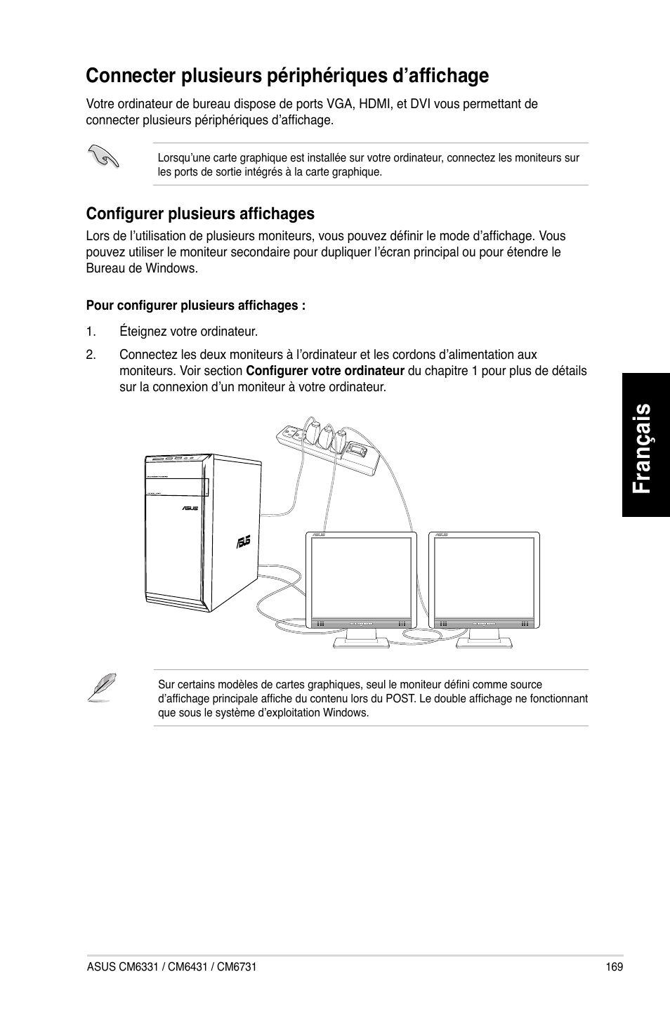 Connecter plusieurs périphériques d’affichage, Fr an ça is fra nç ais | Asus CM6731 User Manual | Page 171 / 480