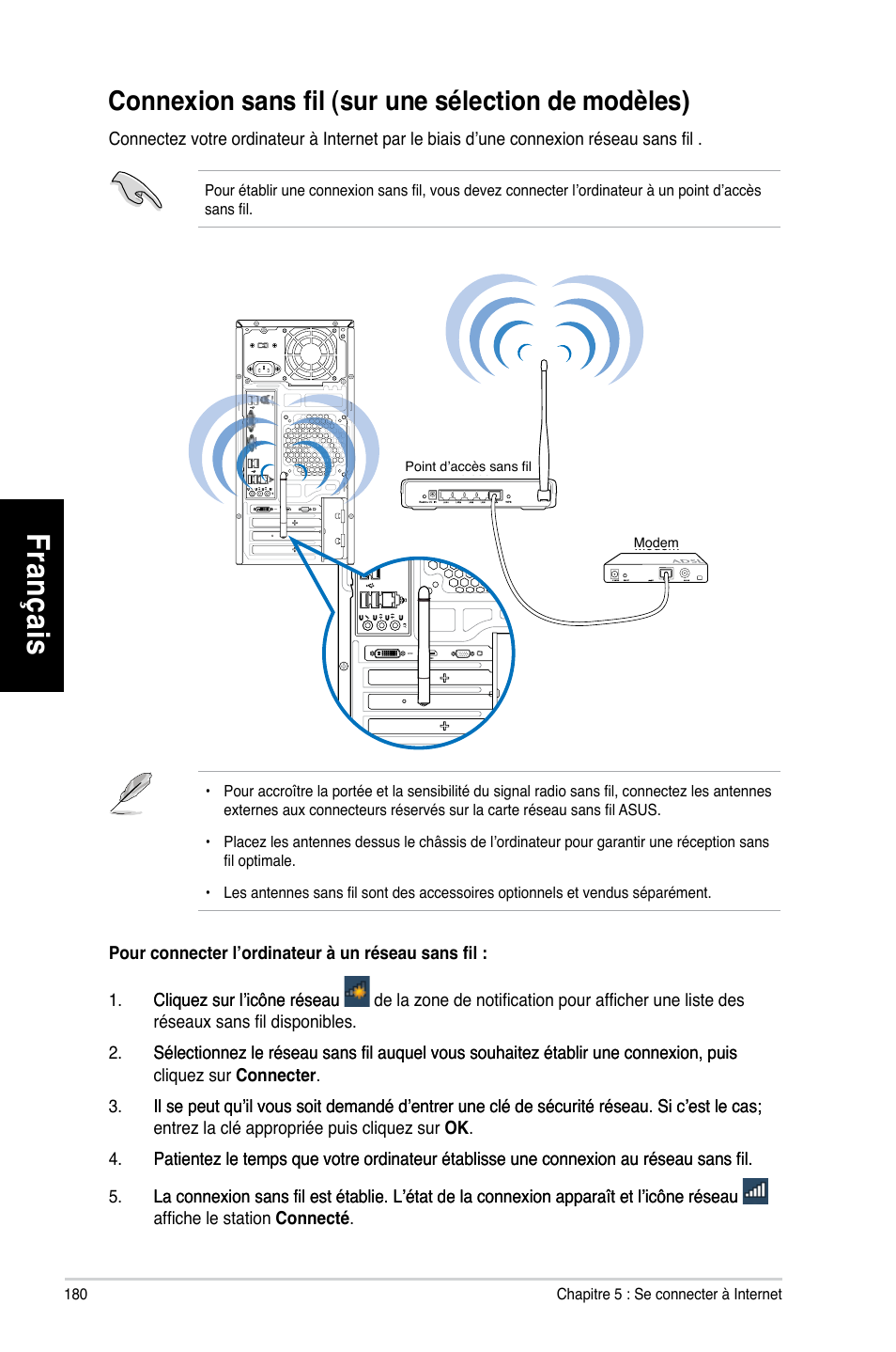 Connexion sans fil (sur une sélection de modèles), Fr an ça is fra nç ais fr an ça is fra nç ais, Connexion sans fil �sur une sélection de modèles | Asus CM6731 User Manual | Page 182 / 480