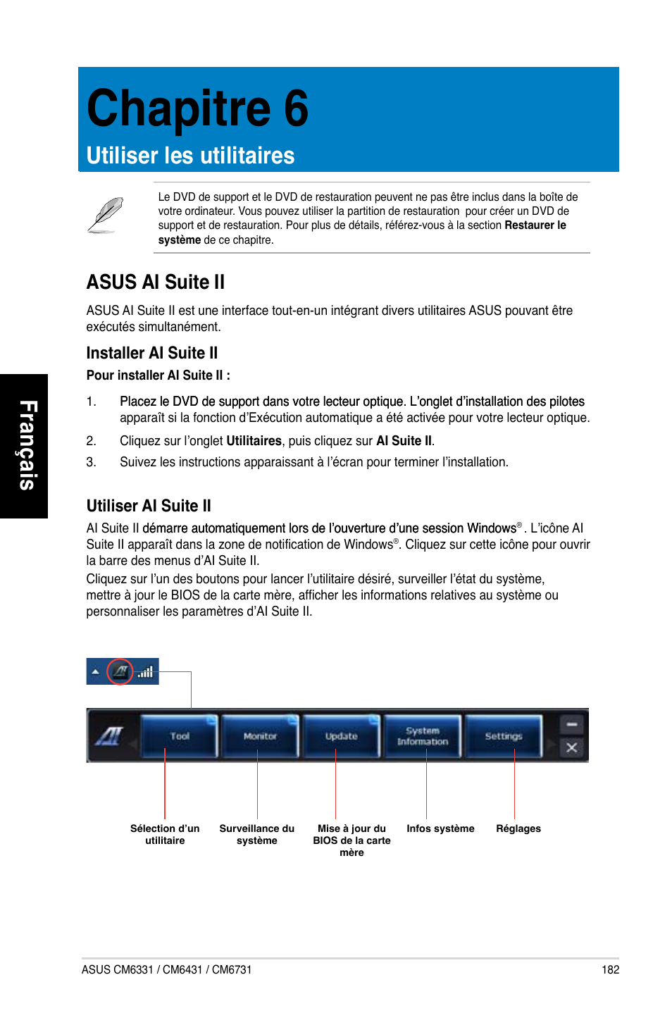 Chapitre 6, Utiliser les utilitaires, Asus ai suite ii | Chapitre.6, Utiliser.les.utilitaires, Fr an ça is fra nç ais, Asus.ai.suite.ii | Asus CM6731 User Manual | Page 184 / 480