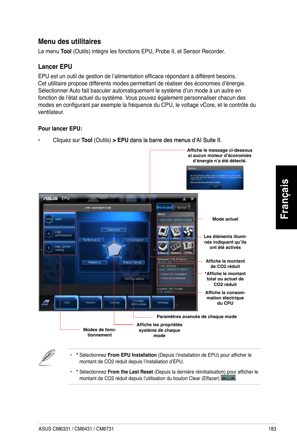 Fr an ça is fra nç ais, Menu.des.utilitaires | Asus CM6731 User Manual | Page 185 / 480