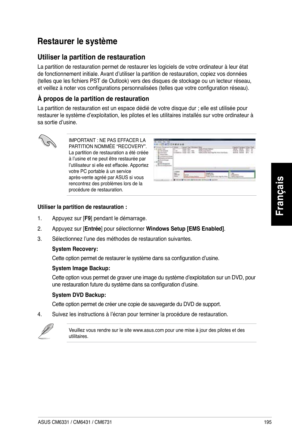 Restaurer le système, Fr an ça is fra nç ais, Restaurer.le.système | Asus CM6731 User Manual | Page 197 / 480