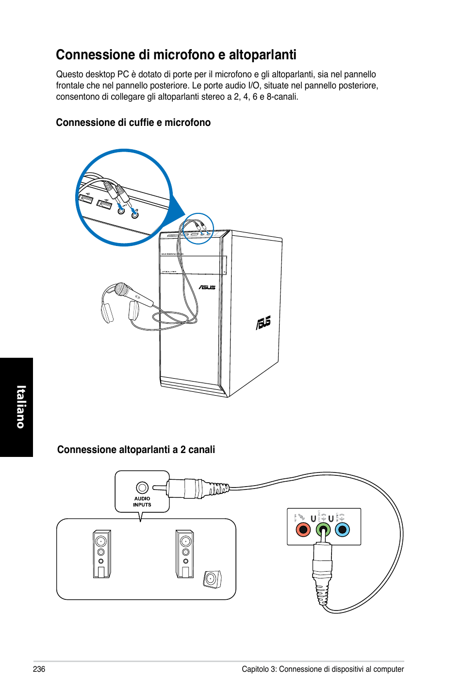 Connessione di microfono e altoparlanti, Connessione.di.microfono.e.altoparlanti, Italiano | Asus CM6731 User Manual | Page 238 / 480