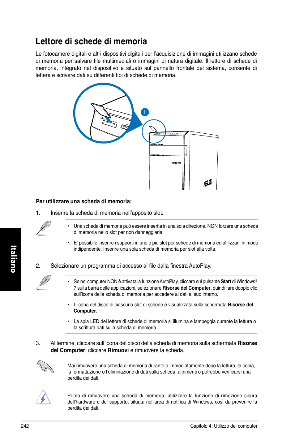 Lettore di schede di memoria, Italiano | Asus CM6731 User Manual | Page 244 / 480