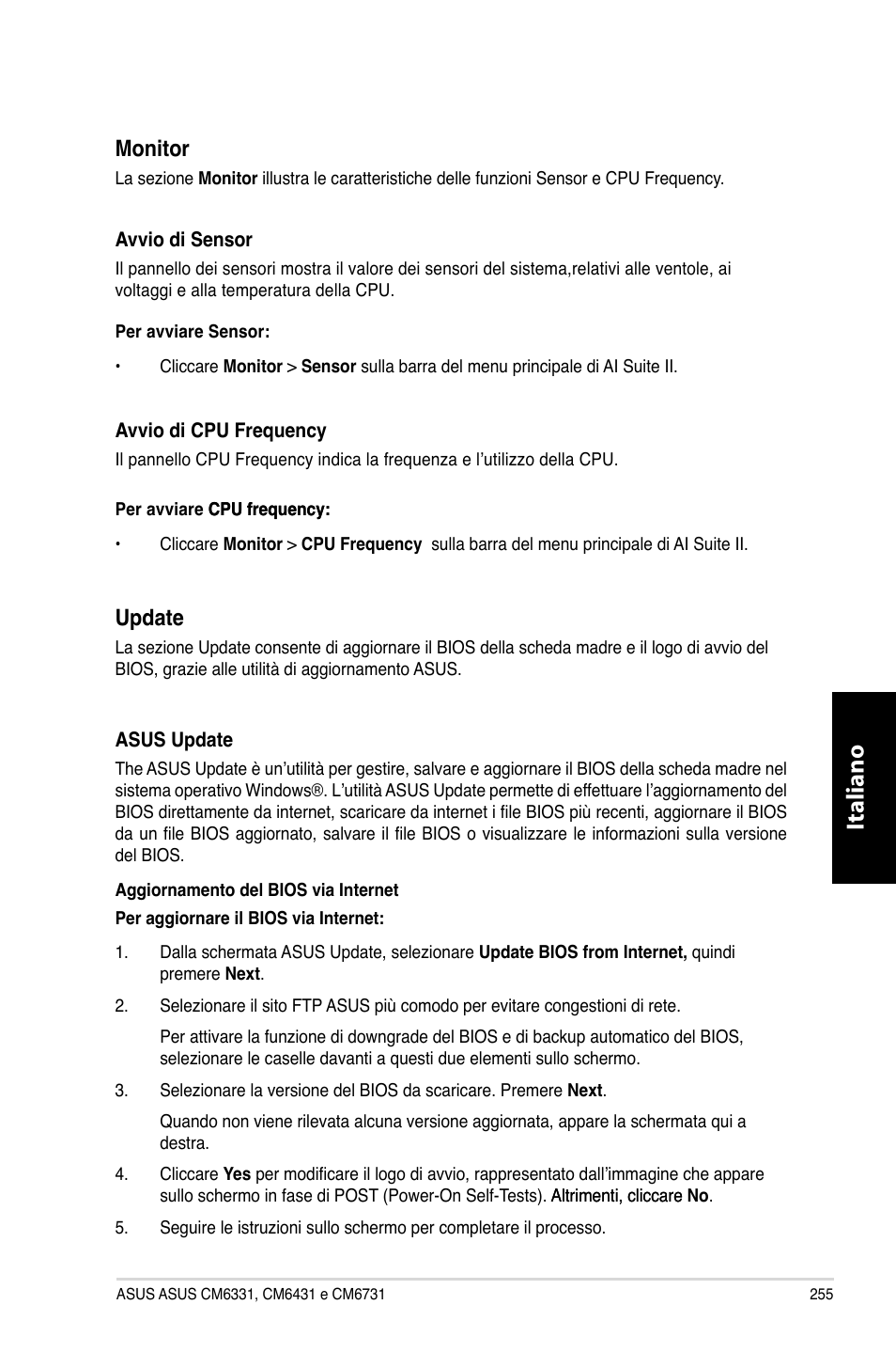 Italiano, Monitor, Update | Asus CM6731 User Manual | Page 257 / 480